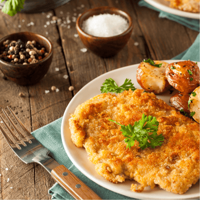 CRISPY PORK SCHNITZEL  with ROASTED RED POTATOES and MUSTARD DILL SAUCE