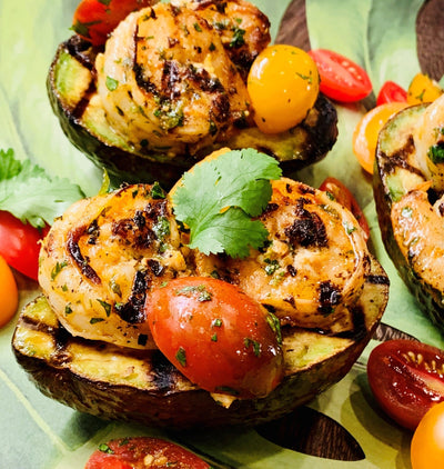 GRILLED AVOCADO with CHILE LIME SHRIMP